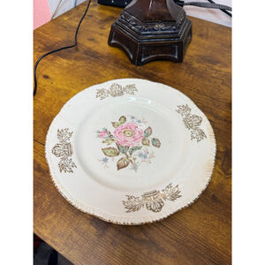 Queen Esther trademark warranted 22 karat gold design plate, gold, pink rose